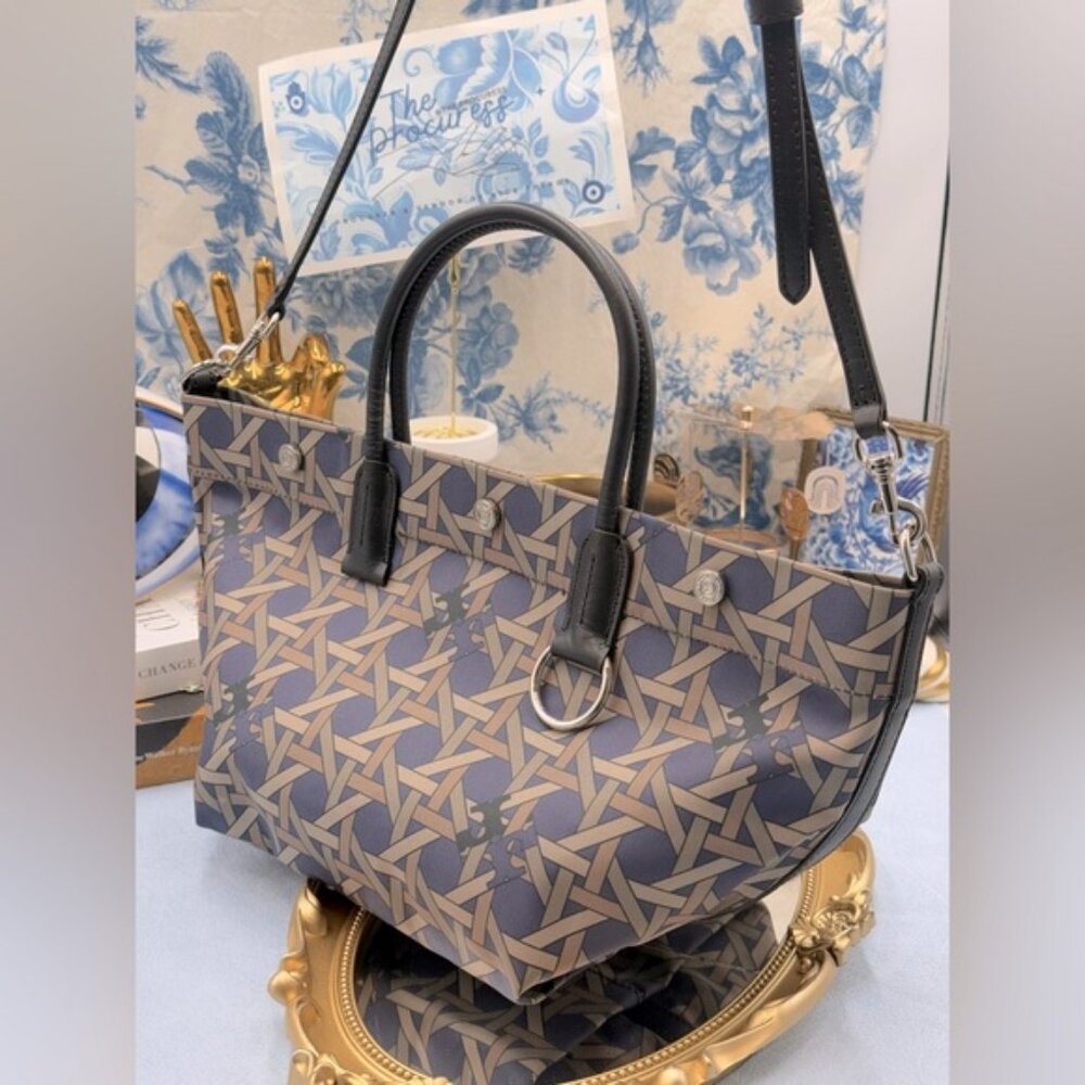 🆕 TORY BURCH 🧿 NWOT Small Basketweave Tote Bag, Cotton Canvas & Leather - AUTH - Picture 2 of 16